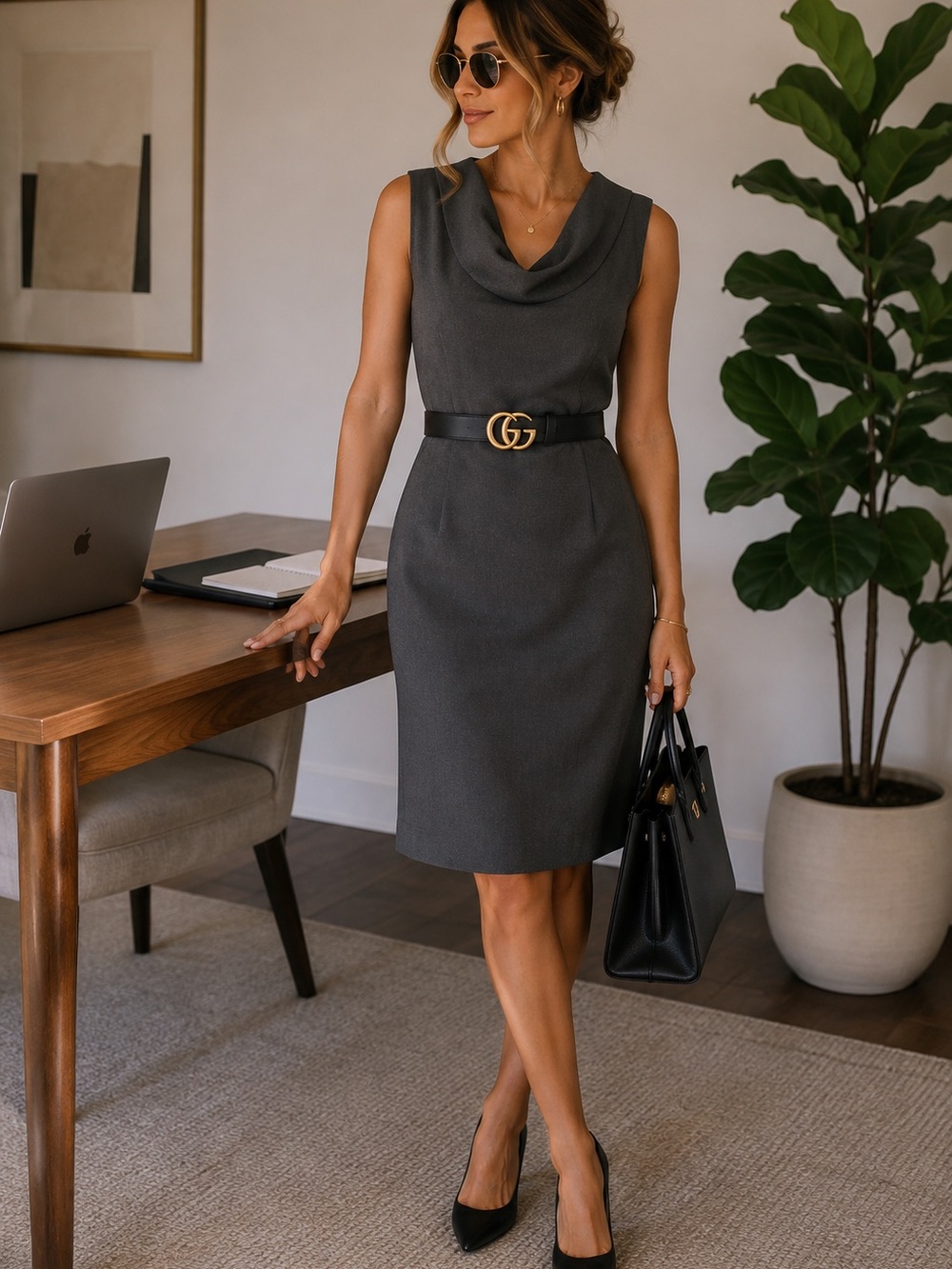 NWT Calvin Klein Gray Sleeveless Cowl Neck Sheath Dress